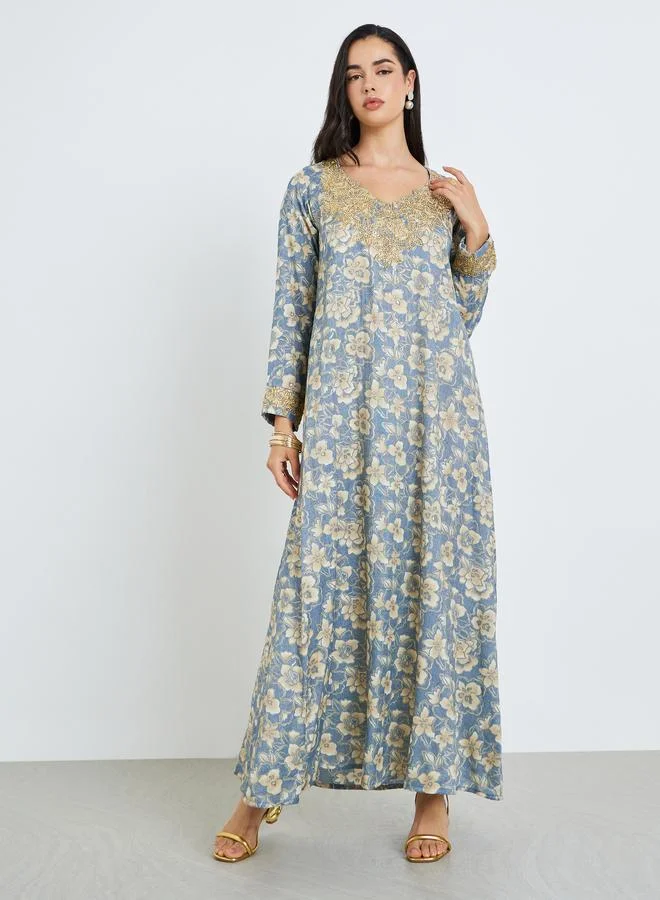 Amirah Women Blue Floral Print Embroidered Jalabiya